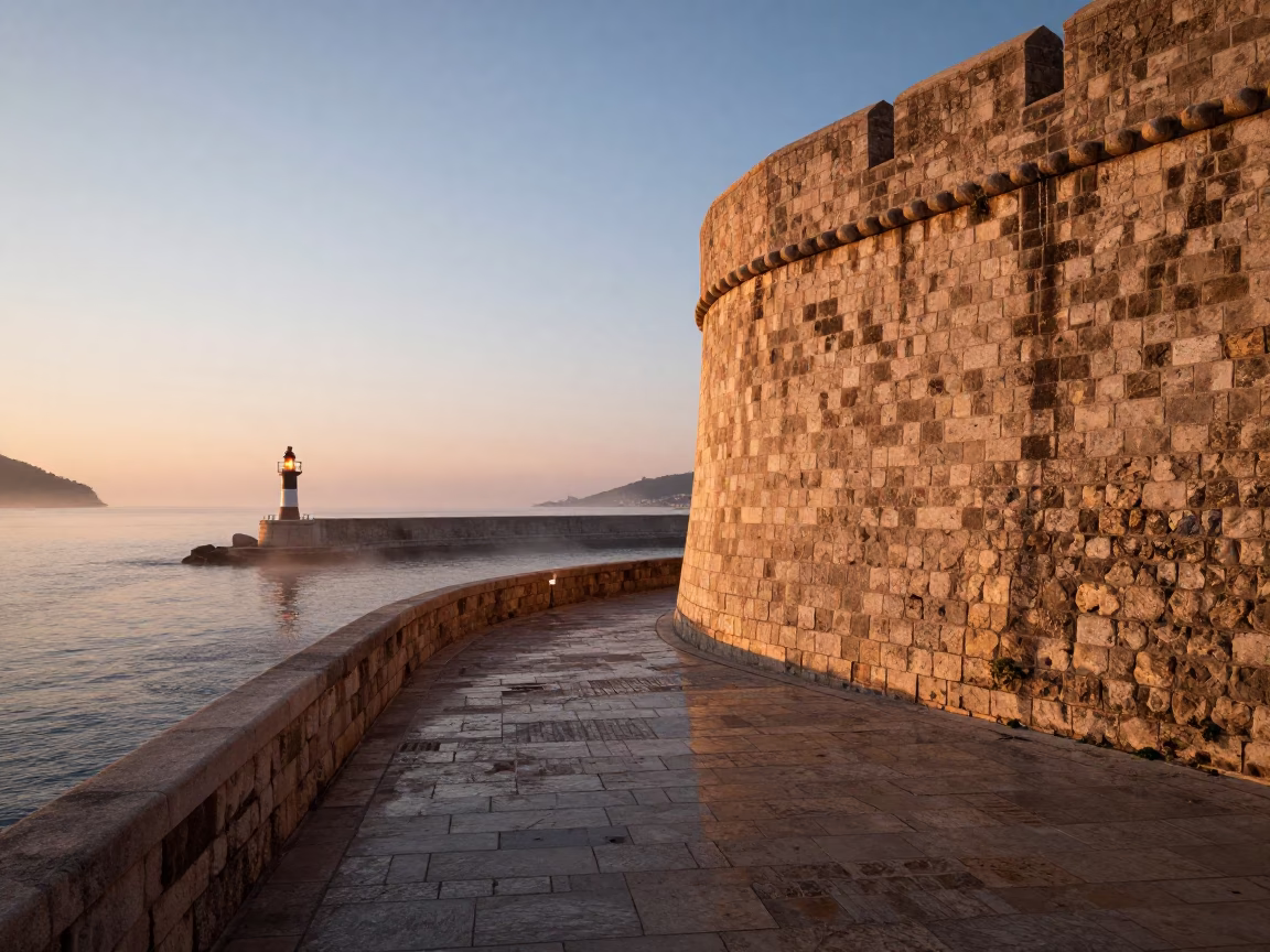 Dubrovnik Croatia first light dawn breakwater beacon and historic stone walls in in Dubrovnik, Croatia