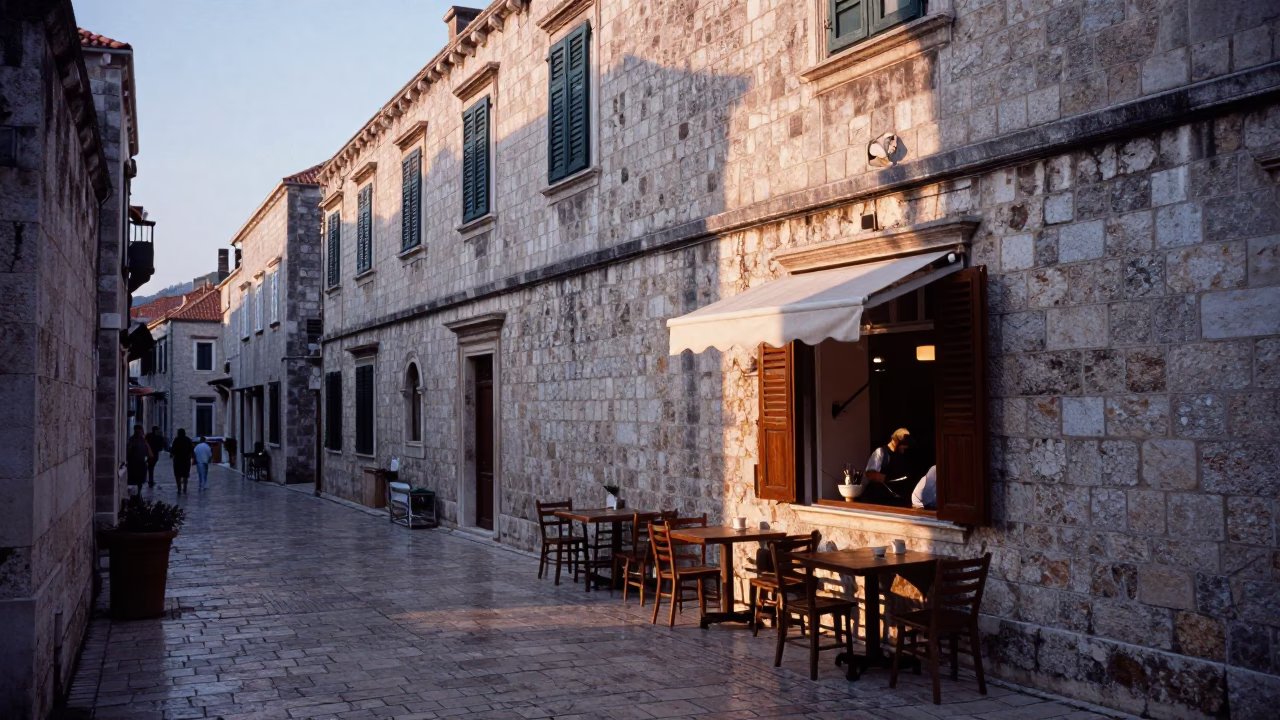 Dubrovnik Croatia First Light Dawn Street Scene with Local Coffee Shop and Morning Activity in in Dubrovnik, Croatia
