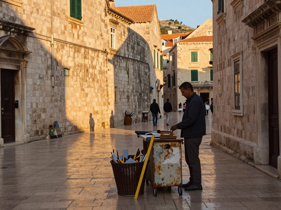 Dubrovnik Croatia Golden Hour Street Scene with Scrap Basket and Folding Ruler in in Dubrovnik, Croatia