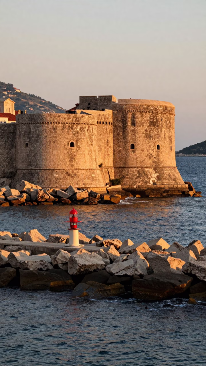 Dubrovnik Croatia Honeyed Evening Light Coastal Breakwater Warning Beacons Dusk Photograph in in Dubrovnik, Croatia