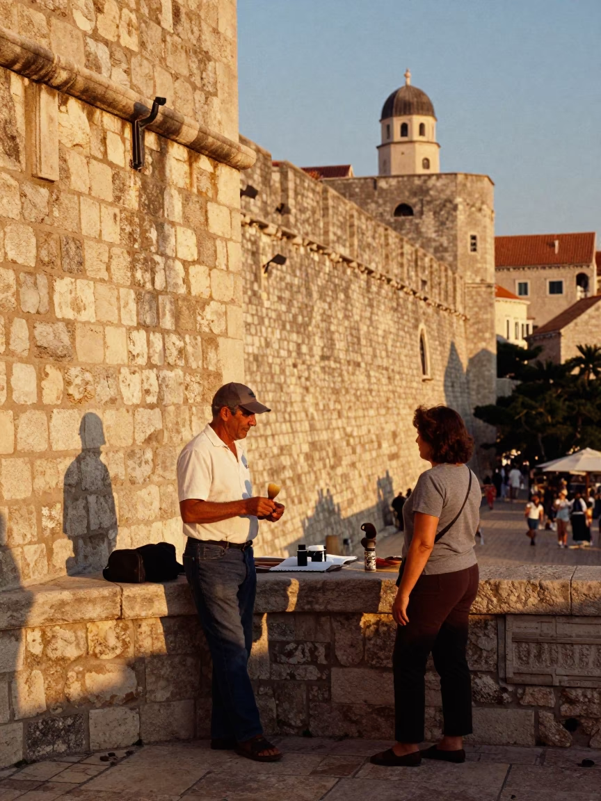 Dubrovnik Croatia Honeyed Evening Light Old Town Stone Wall and Rusty Lamp Bracket in in Dubrovnik, Croatia