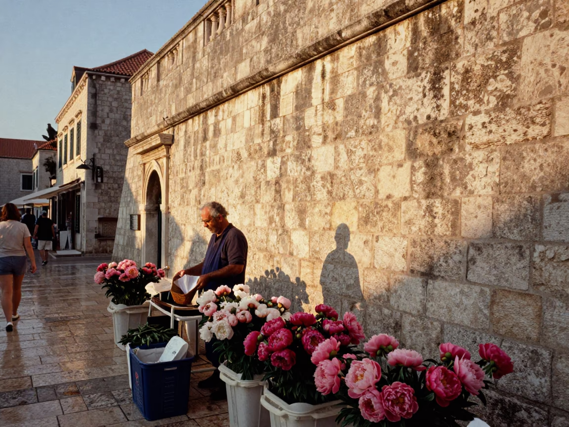 Dubrovnik Croatia Honeyed Evening Light Stone Wall and Local Life in in Dubrovnik, Croatia