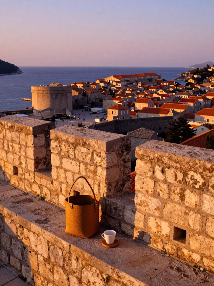 Dubrovnik Croatia Honeyed Evening Light Stone Wall Bucket and Cup Scene in in Dubrovnik, Croatia