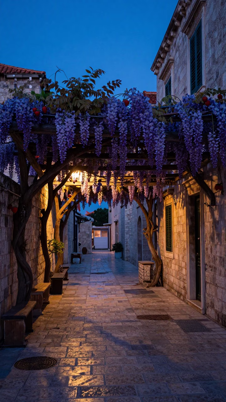 Dubrovnik Croatia indigo twilight stone alleyway wisteria pergola strawberries in in Dubrovnik, Croatia