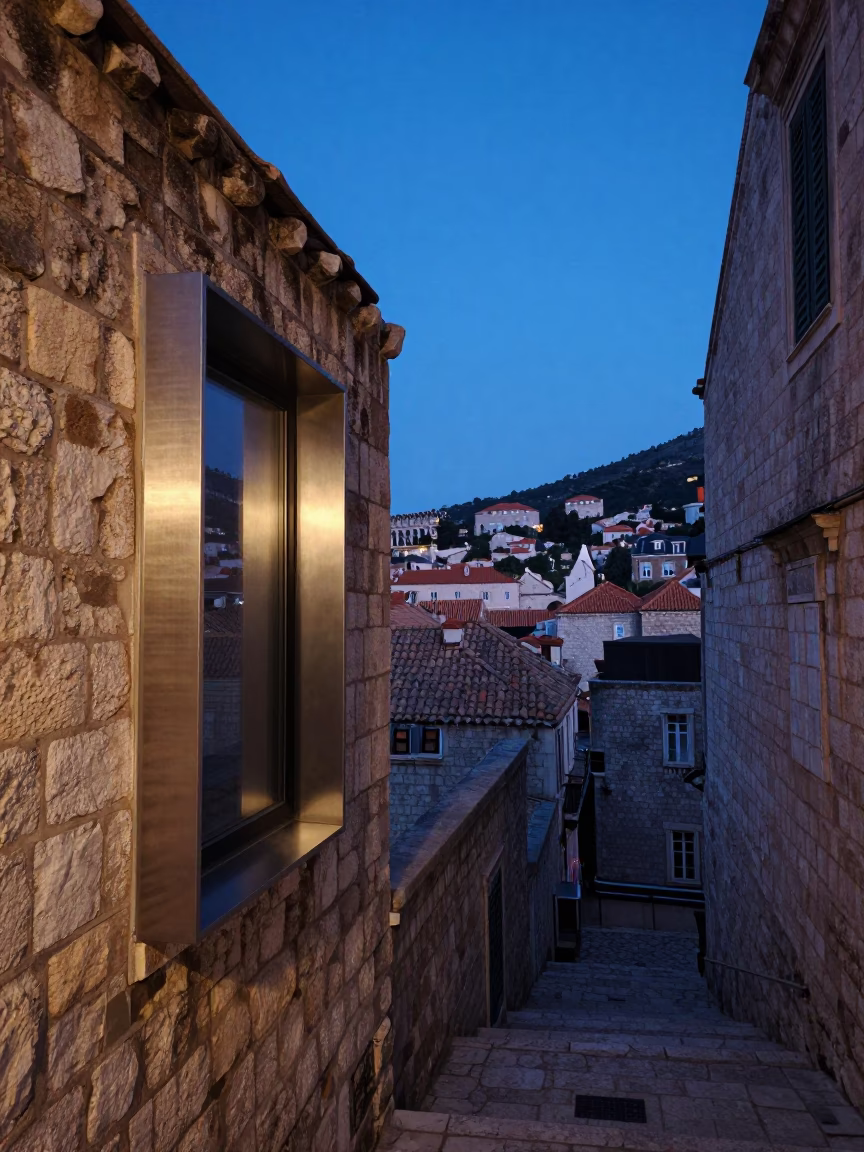 Dubrovnik Croatia Indigo Twilight Street Scene with Brushed Steel Window Glass in in Dubrovnik, Croatia