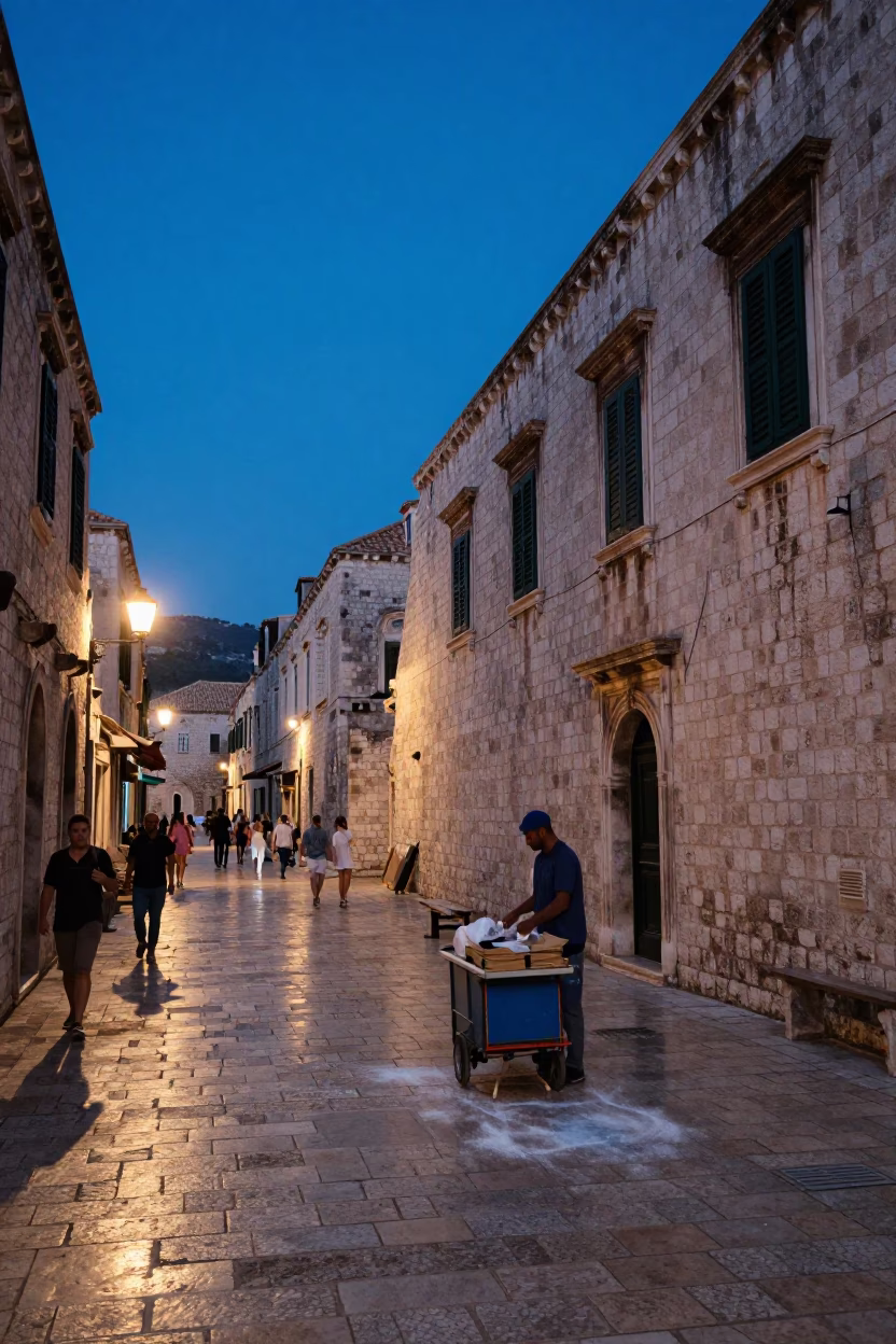 Dubrovnik Croatia Indigo Twilight Street Scene With Chalk Dust And Pot Lid in in Dubrovnik, Croatia