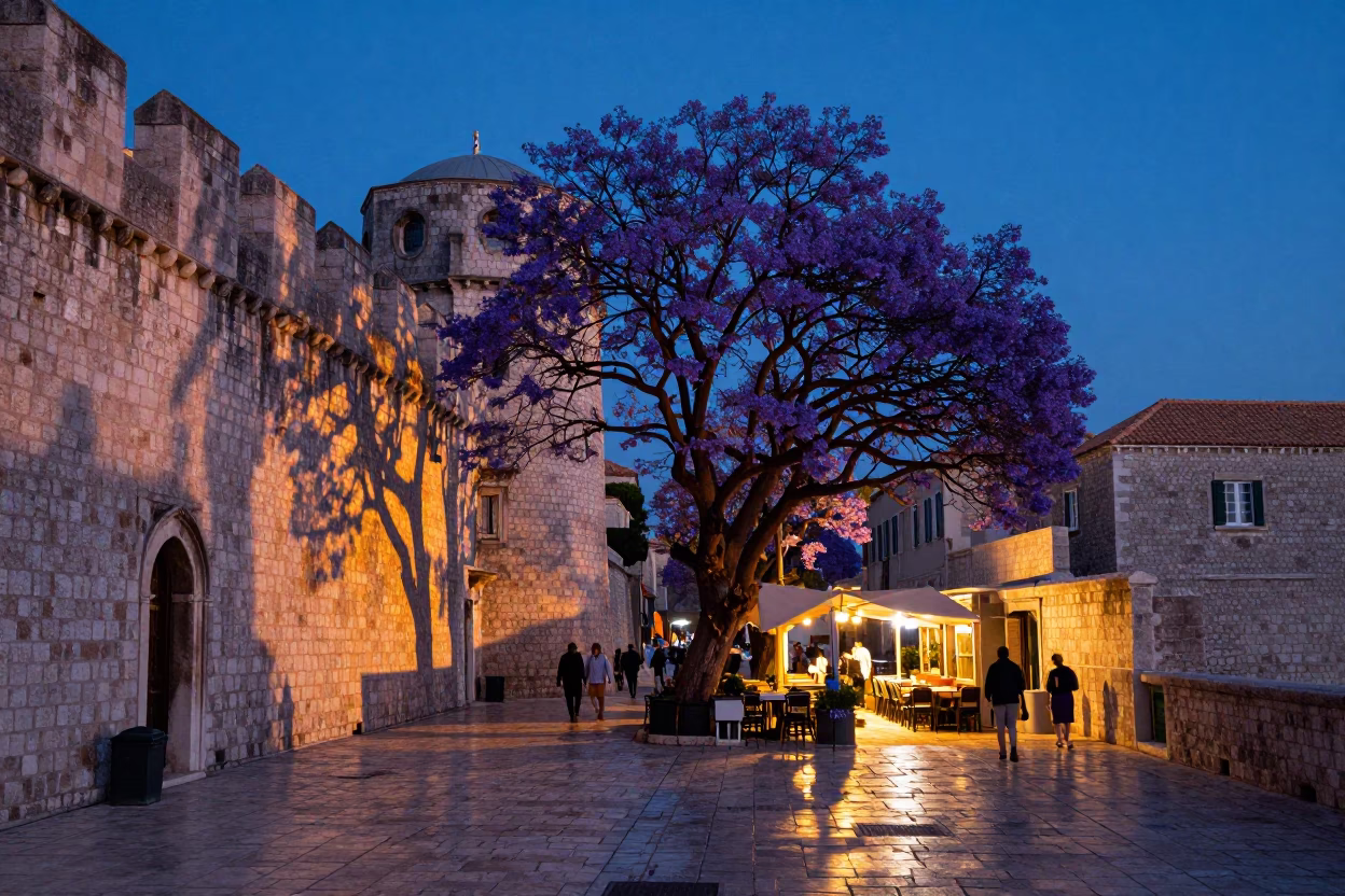 Dubrovnik Croatia indigo twilight street scene with jacaranda tree and local life in in Dubrovnik, Croatia