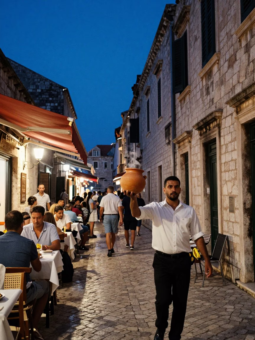 Dubrovnik Croatia indigo twilight street scene with local dining and vintage 1980s aesthetic charm in in Dubrovnik, Croatia