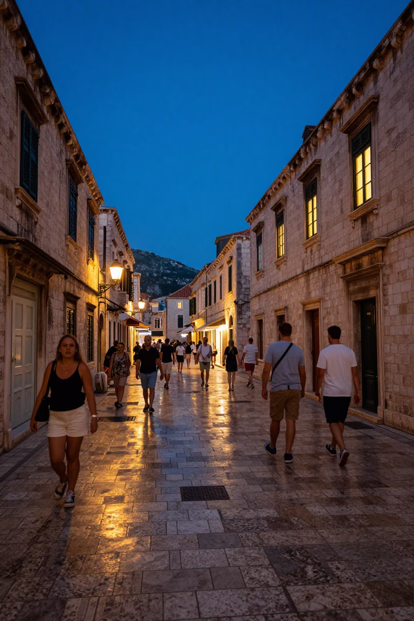 Dubrovnik Croatia indigo twilight street scene with locals and traditional architecture in in Dubrovnik, Croatia