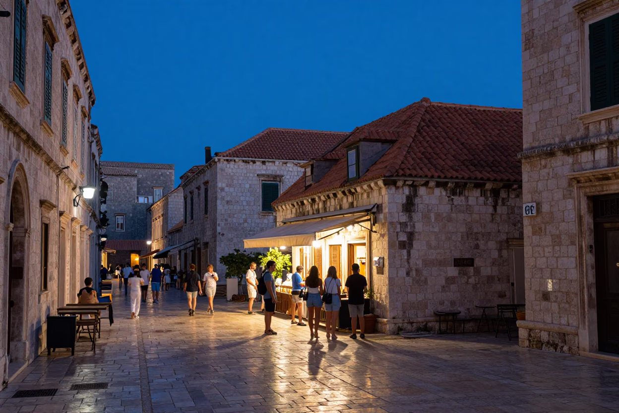 Dubrovnik Croatia indigo twilight street scene with locals near old stone walls in in Dubrovnik, Croatia