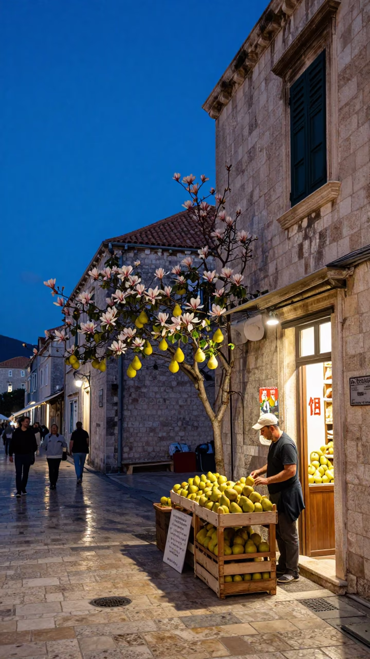 Dubrovnik Croatia indigo twilight street scene with pears and magnolia tree bloom in in Dubrovnik, Croatia