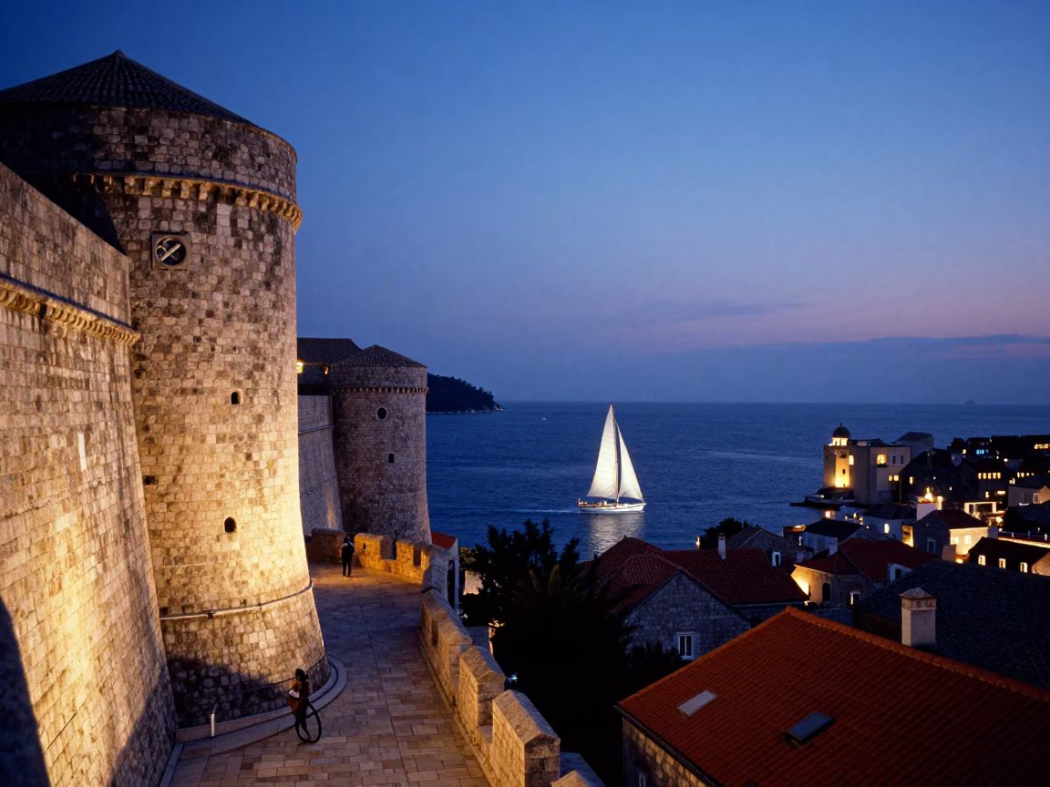 Dubrovnik Croatia indigo twilight street scene with sailboat and local dining in in Dubrovnik, Croatia