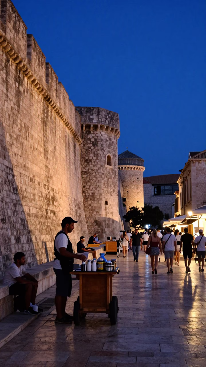 Dubrovnik Croatia indigo twilight street scene with salt shaker and local interaction in in Dubrovnik, Croatia