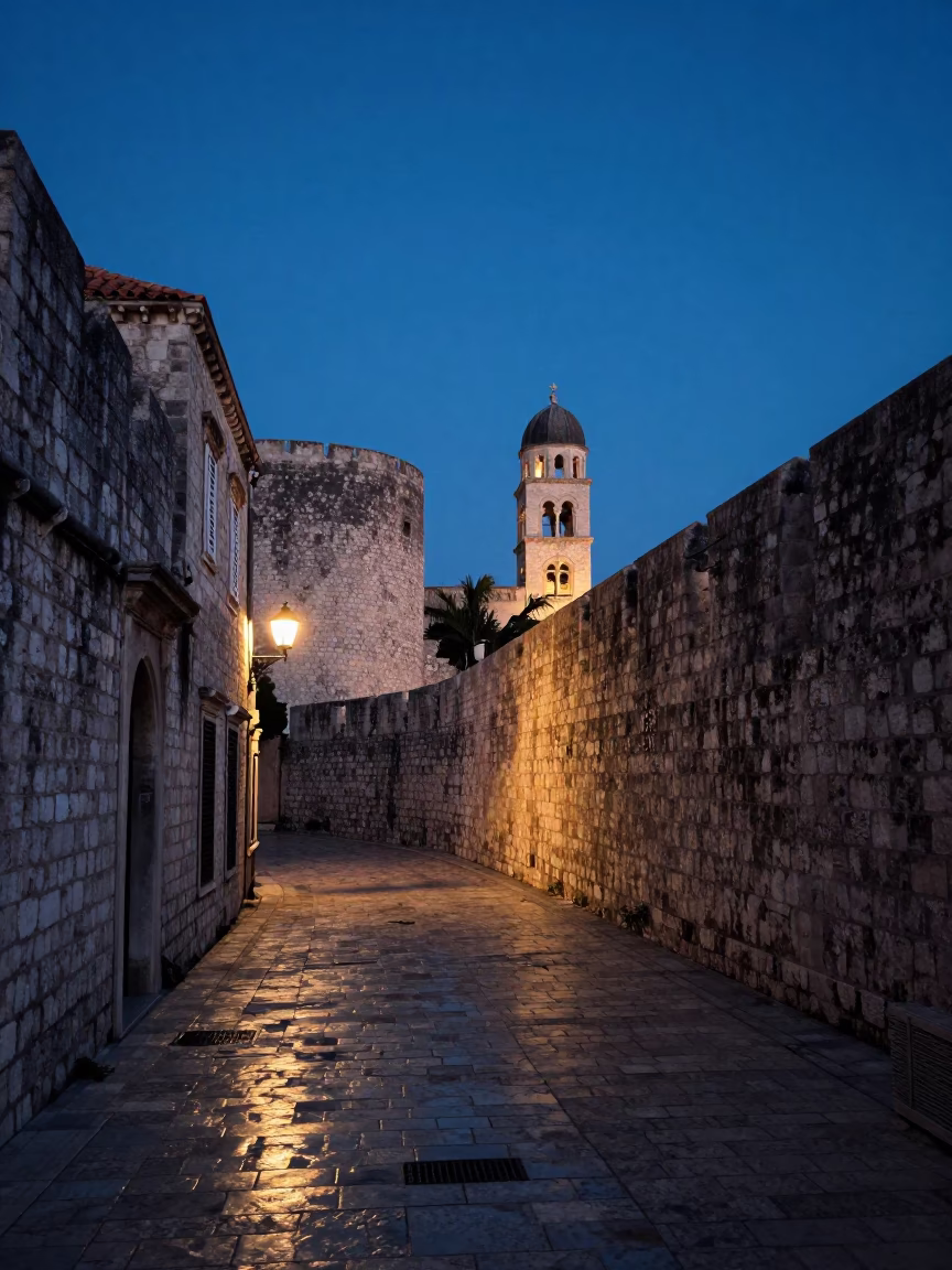Dubrovnik Croatia Indigo Twilight Street Scene with Stone Walls and Evening Life in in Dubrovnik, Croatia