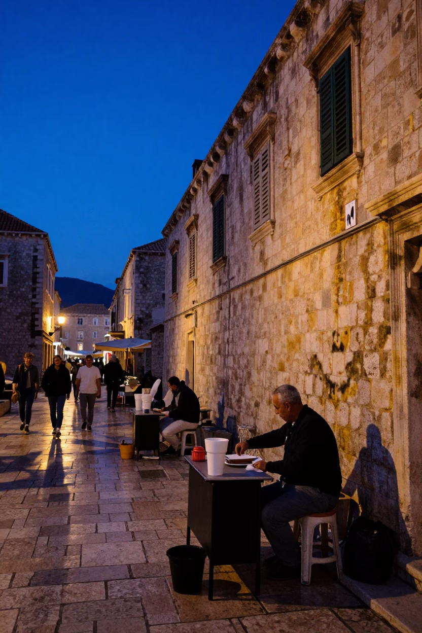 Dubrovnik Croatia Indigo Twilight Street Scene with Tea Stains and Local Life in in Dubrovnik, Croatia