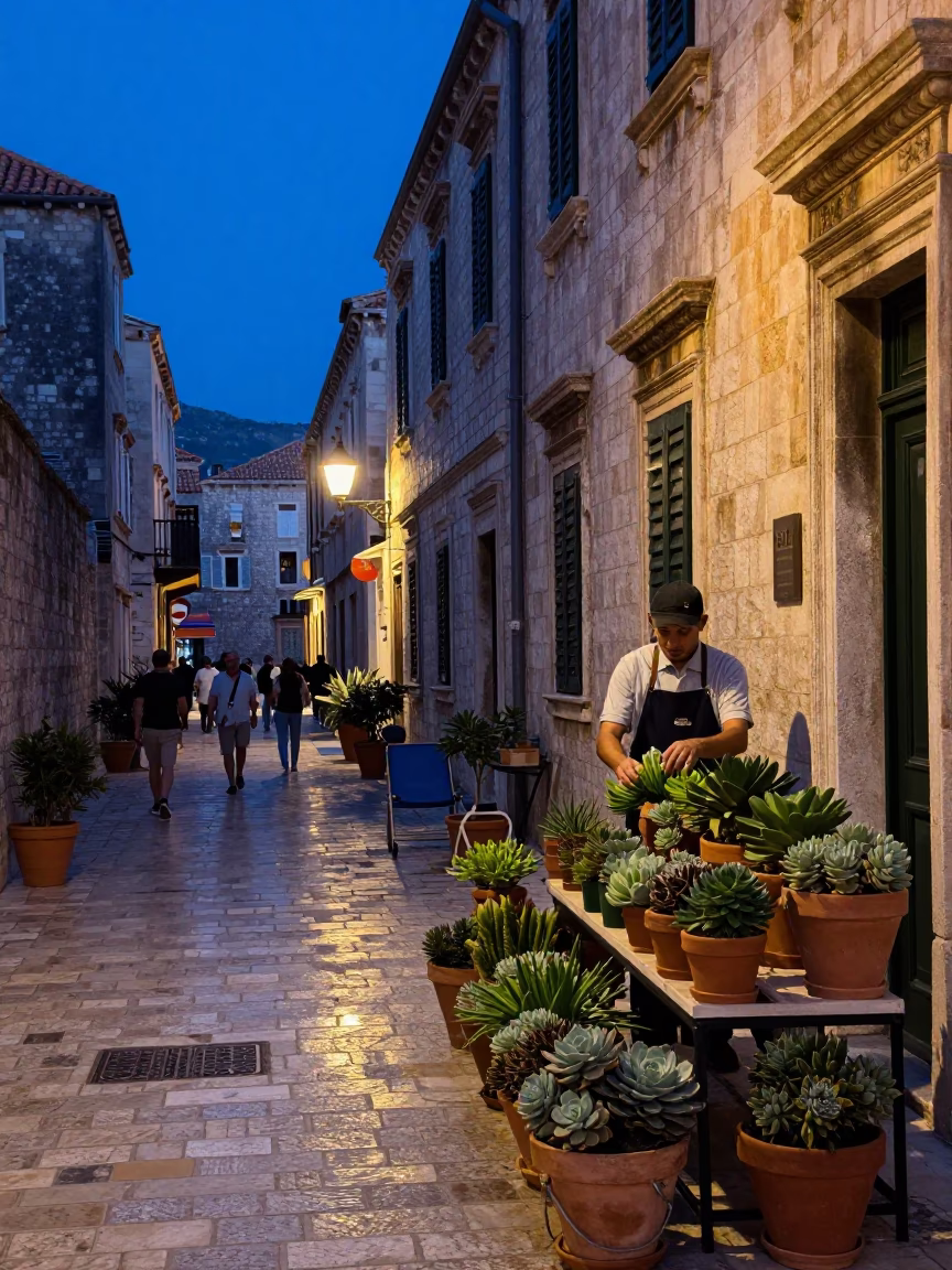 Dubrovnik Croatia indigo twilight street scene with terracotta pots and thermal flask in in Dubrovnik, Croatia