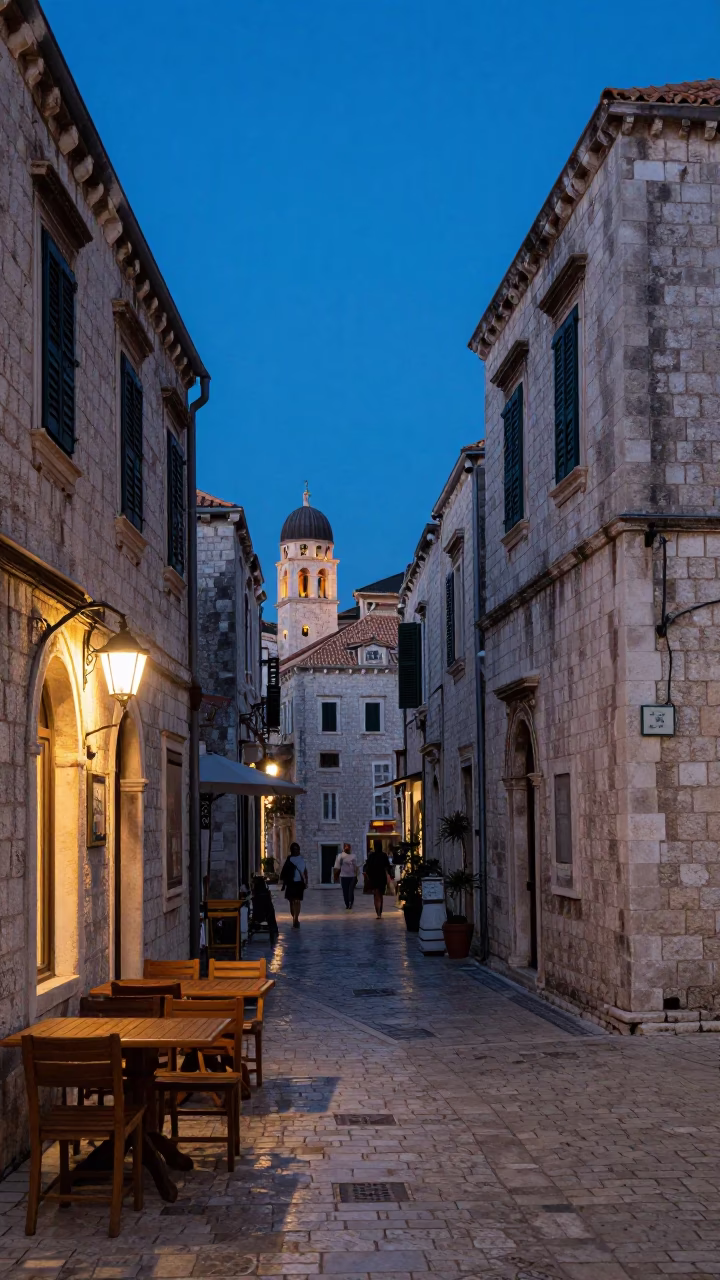 Dubrovnik Croatia indigo twilight street scene with traditional stone architecture and local details in in Dubrovnik, Croatia