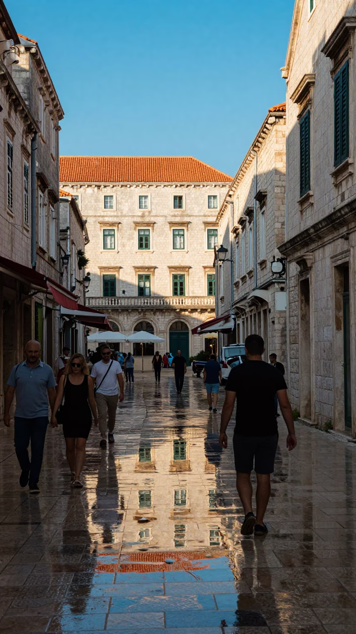 Dubrovnik Croatia Late Afternoon Street Scene with Hotel Reflections and Tail Lights in in Dubrovnik, Croatia