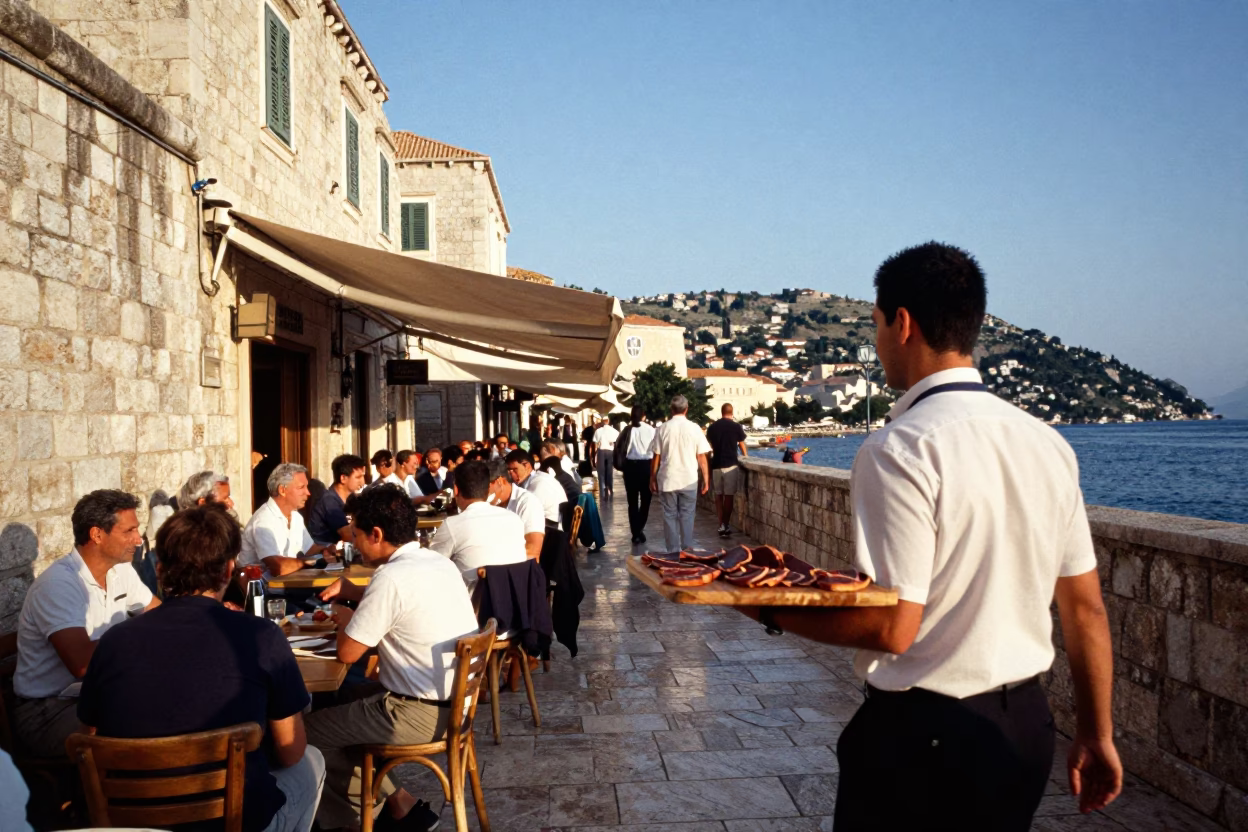 Dubrovnik Croatia Late Afternoon Street Scene with Local Dining and Traditional Instruments in in Dubrovnik, Croatia