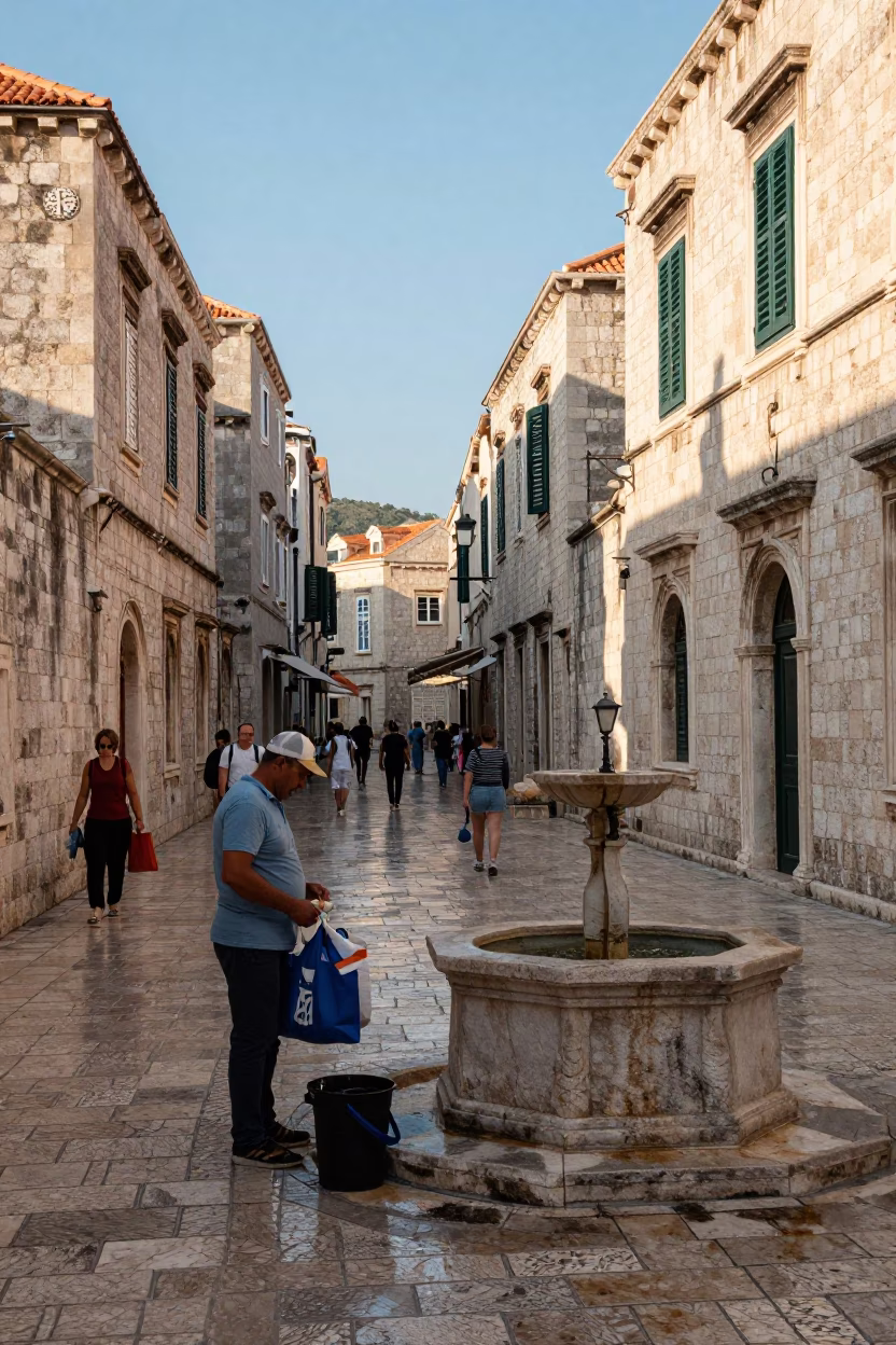 Dubrovnik Croatia Late Afternoon Street Scene with Local Vendor and Traveler Interaction in in Dubrovnik, Croatia