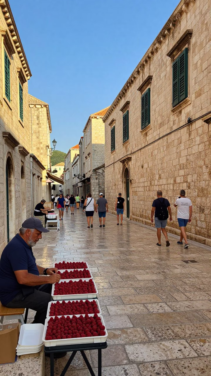 Dubrovnik Croatia Late Afternoon Street Scene with Tourists and Local Market Activity in in Dubrovnik, Croatia