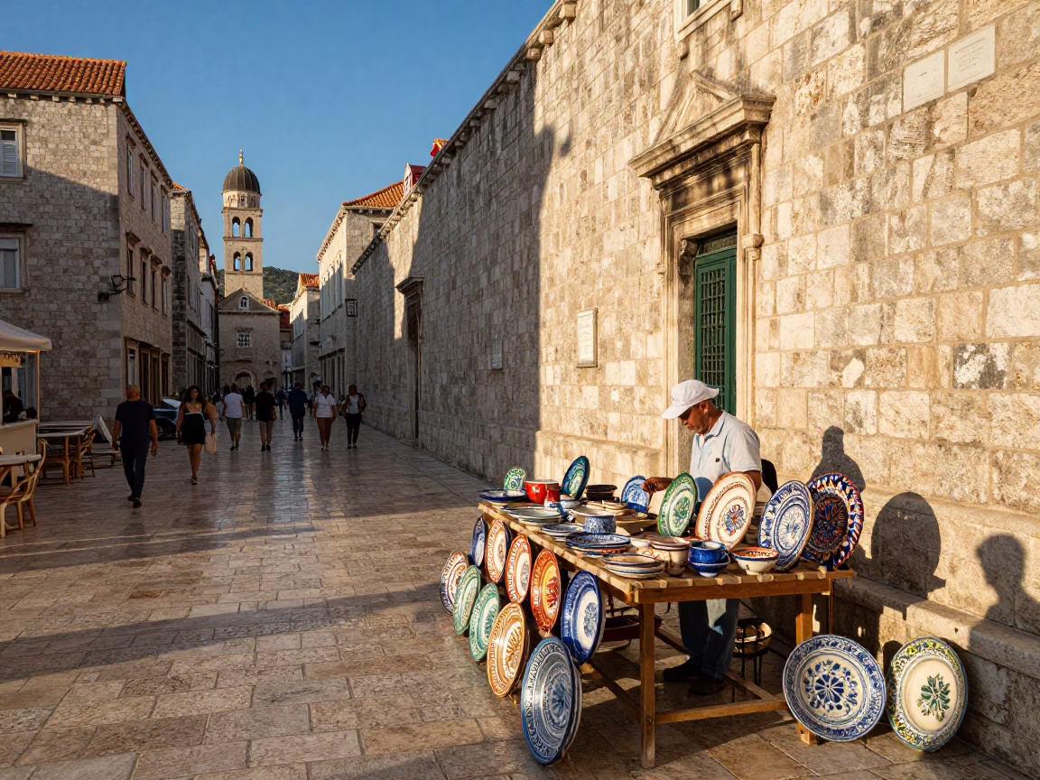 Dubrovnik Croatia Late Afternoon Street Scene with Vintage Majolica and Local Life in in Dubrovnik, Croatia