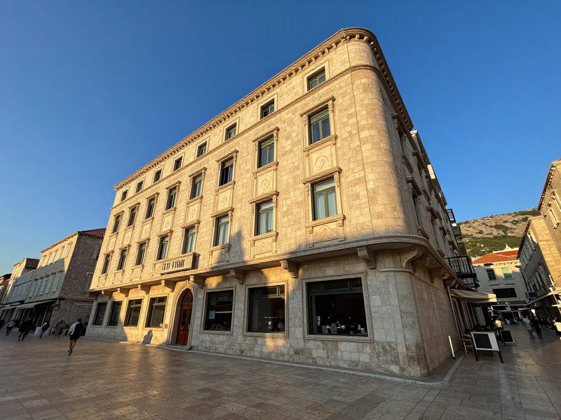 Dubrovnik Croatia Late Afternoon Sunlight on Art Deco Hotel Facade and Local Street Scene in in Dubrovnik, Croatia