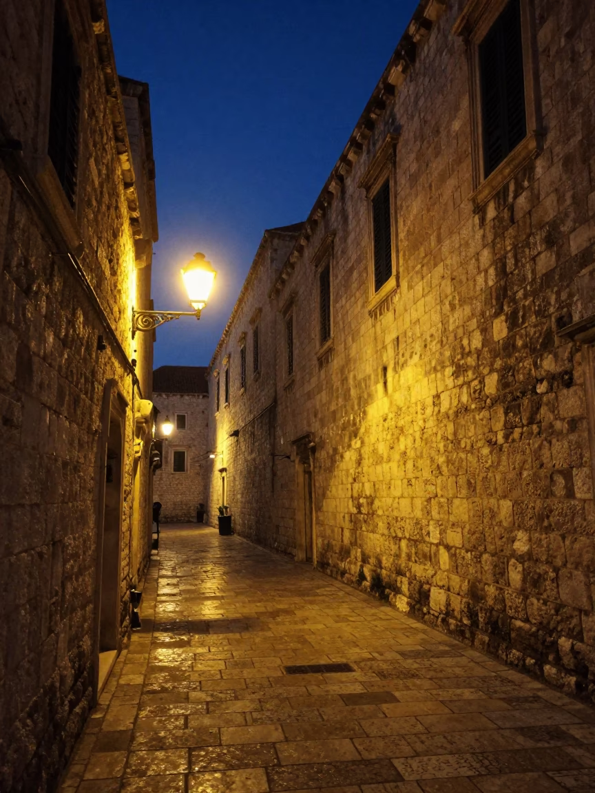 Dubrovnik Croatia Late Night Street Scene with Stone Walls and Dim Lighting in in Dubrovnik, Croatia