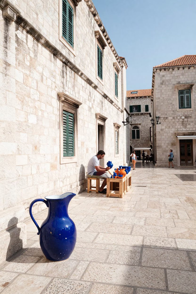 Dubrovnik Croatia Midmorning Street Scene with Chipped Blue Enamel Pitcher and Stone Architecture in in Dubrovnik, Croatia