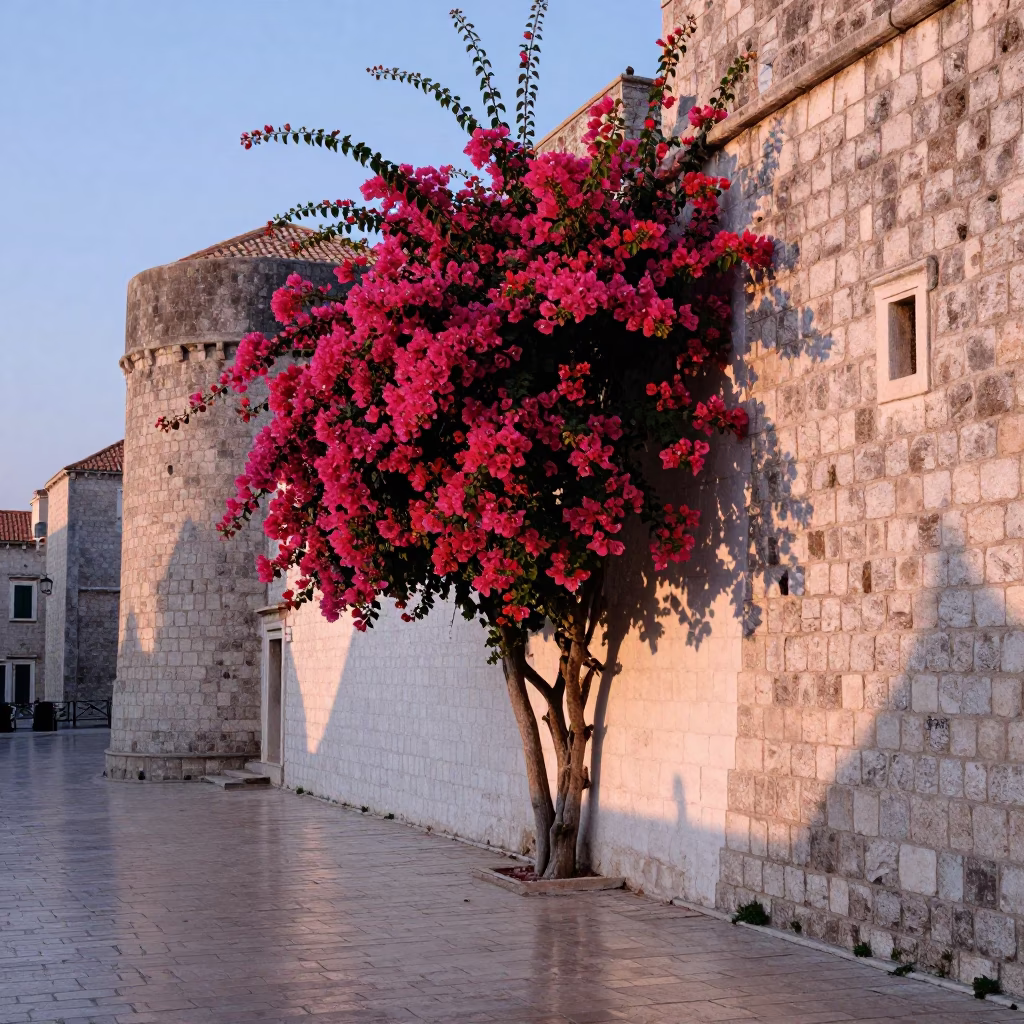 Dubrovnik Croatia Nautical Dawn Bougainvillea Cascade Over White Garden Wall in in Dubrovnik, Croatia
