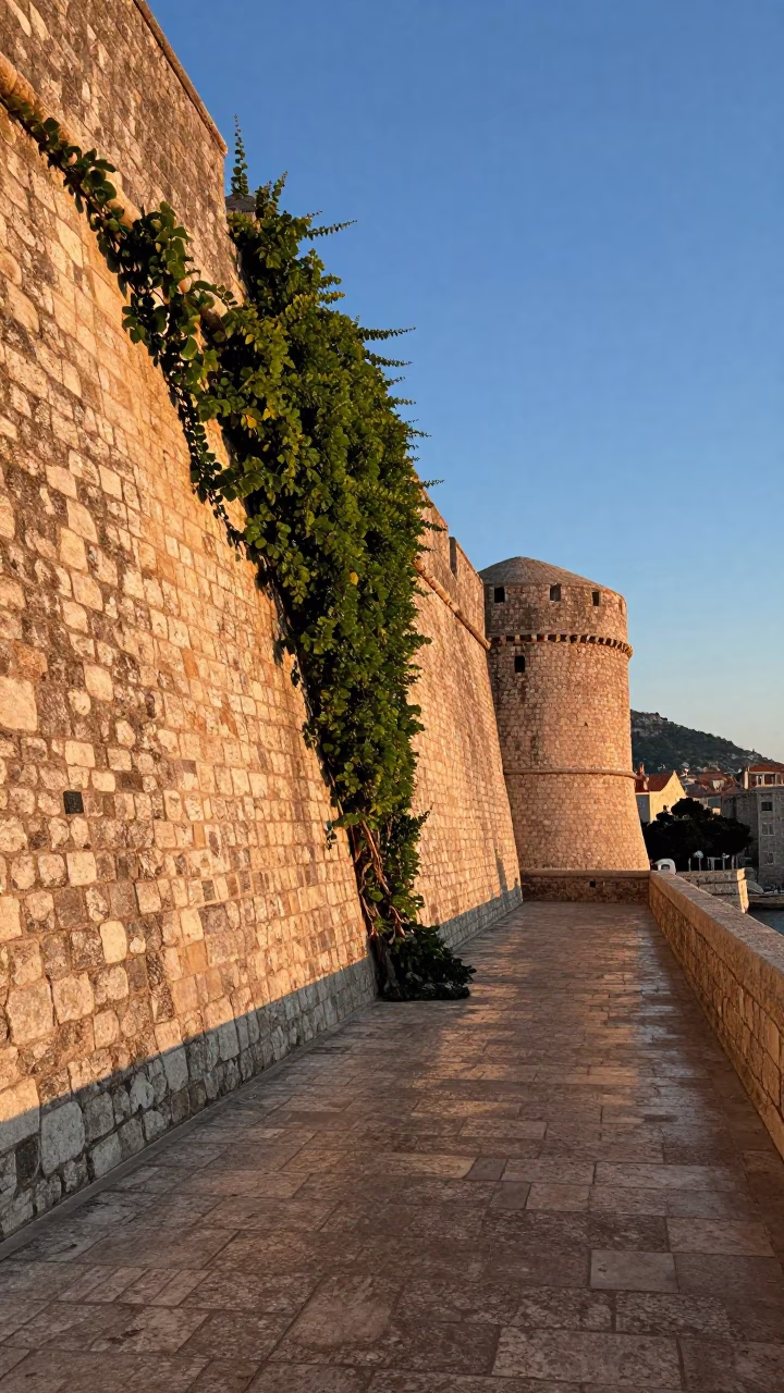 Dubrovnik Croatia Nautical Dawn Light on Ancient Stone Walls and Coastal Vine in in Dubrovnik, Croatia