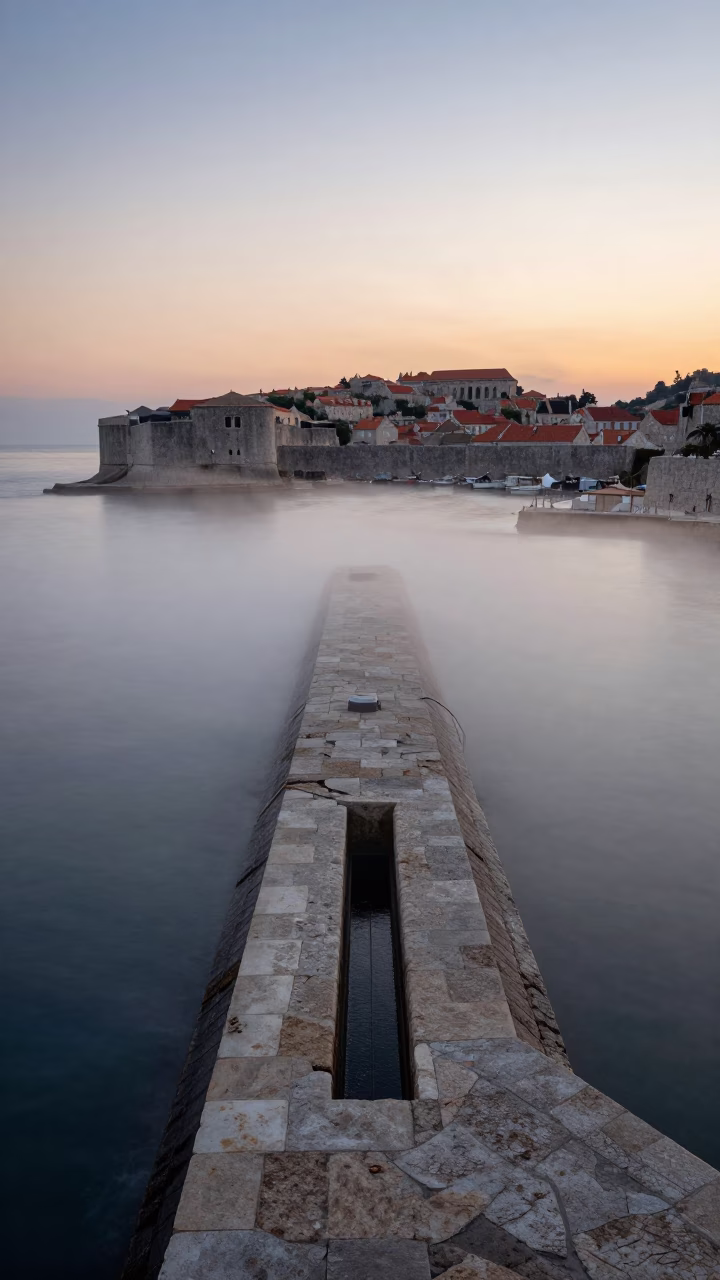 Dubrovnik Croatia Nautical Dawn Sea Fog Breakwater and Old Town Walls in in Dubrovnik, Croatia