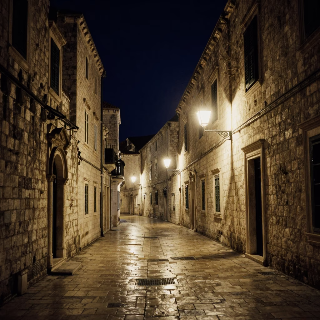 Dubrovnik Croatia night scene with stone architecture and street lighting in in Dubrovnik, Croatia