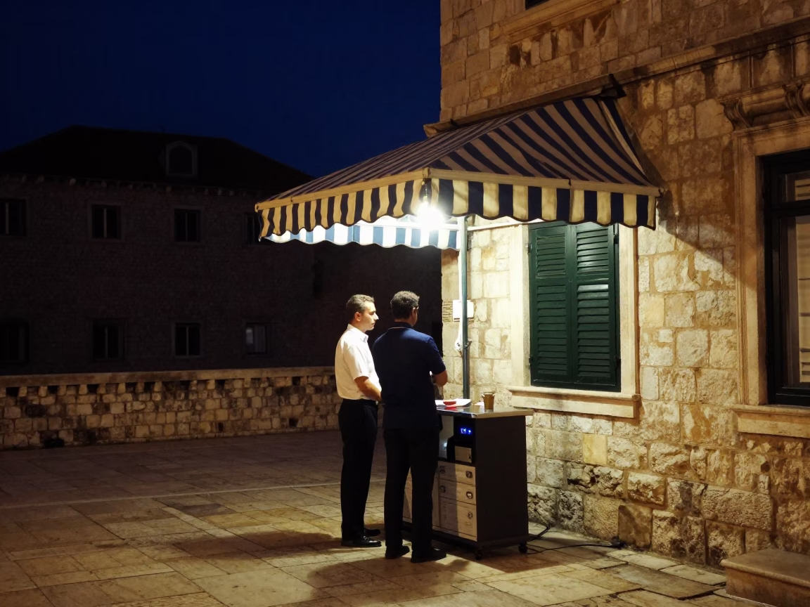 Dubrovnik Croatia Night Scene with Valet Stand and Hotel Awning Reflections Under Deep Sky in in Dubrovnik, Croatia