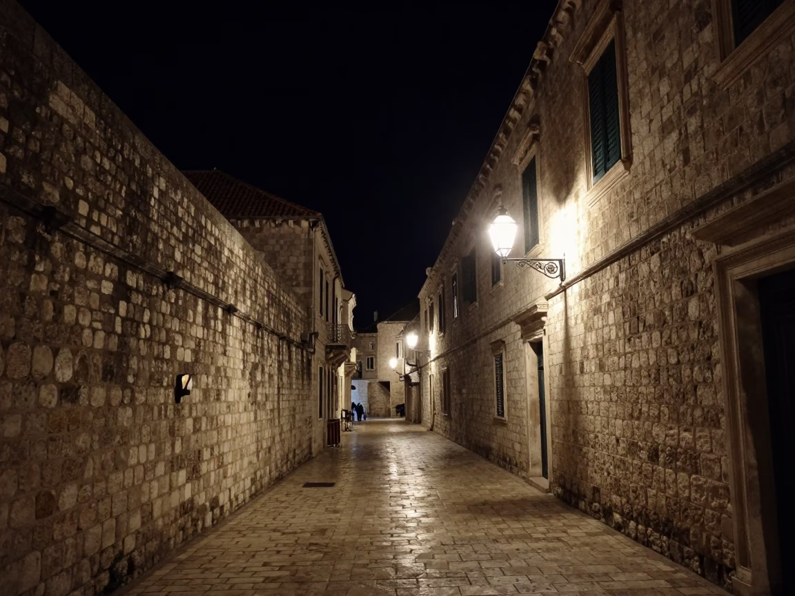 Dubrovnik Croatia Night Street Scene Stone Wall and Lantern Light in in Dubrovnik, Croatia