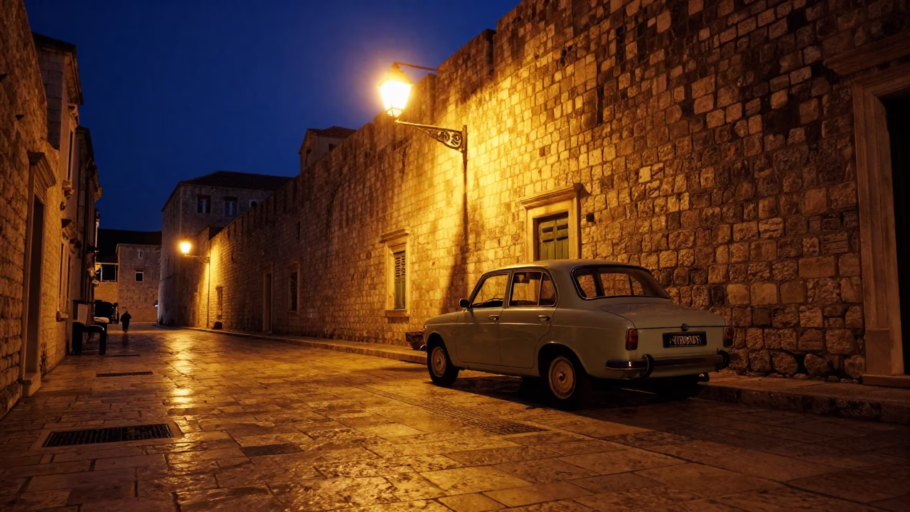 Dubrovnik Croatia Night Street Scene With Vintage Car And Illuminated Stone Walls in in Dubrovnik, Croatia