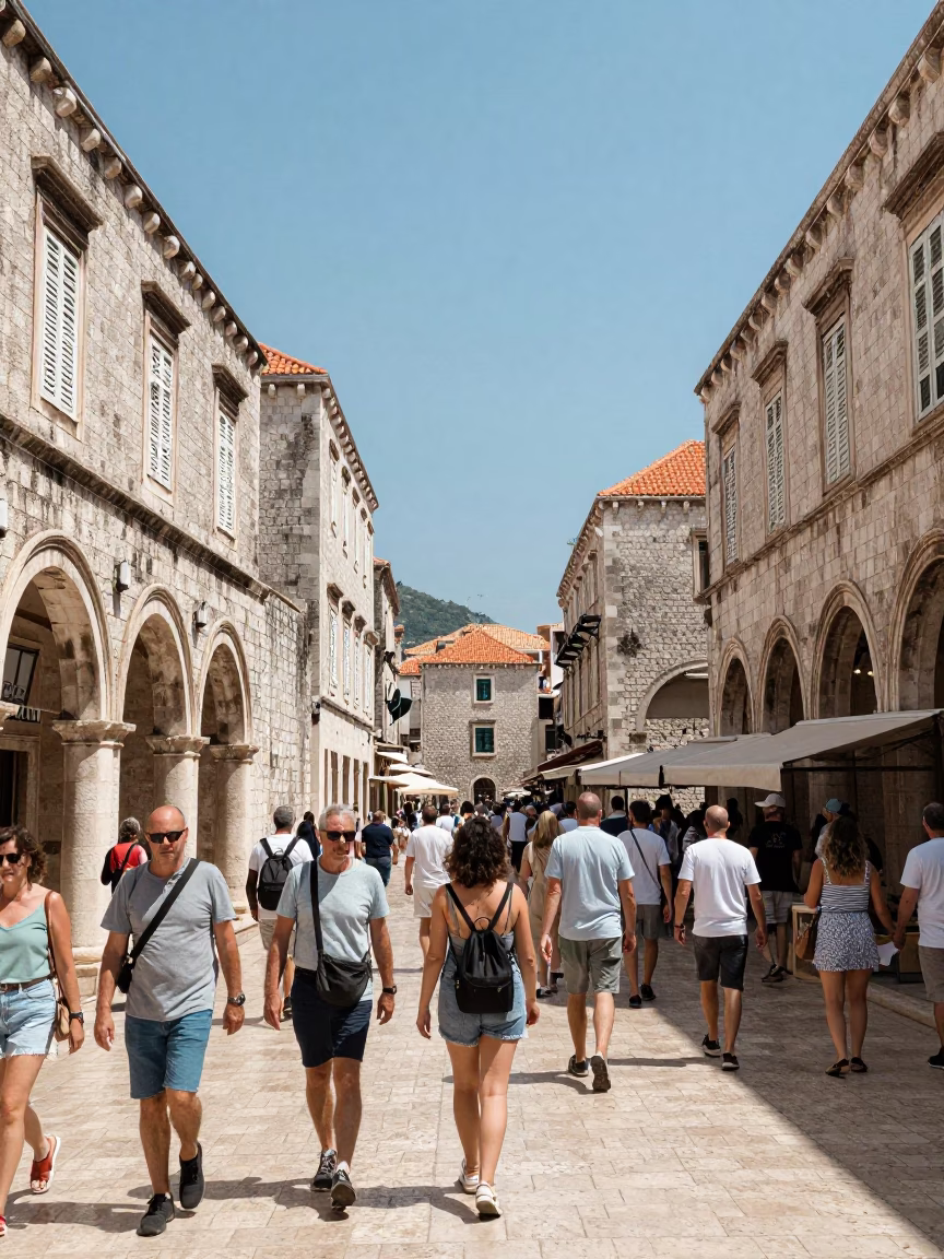 Dubrovnik Croatia noon light tourist crowd and historic stone architecture in in Dubrovnik, Croatia