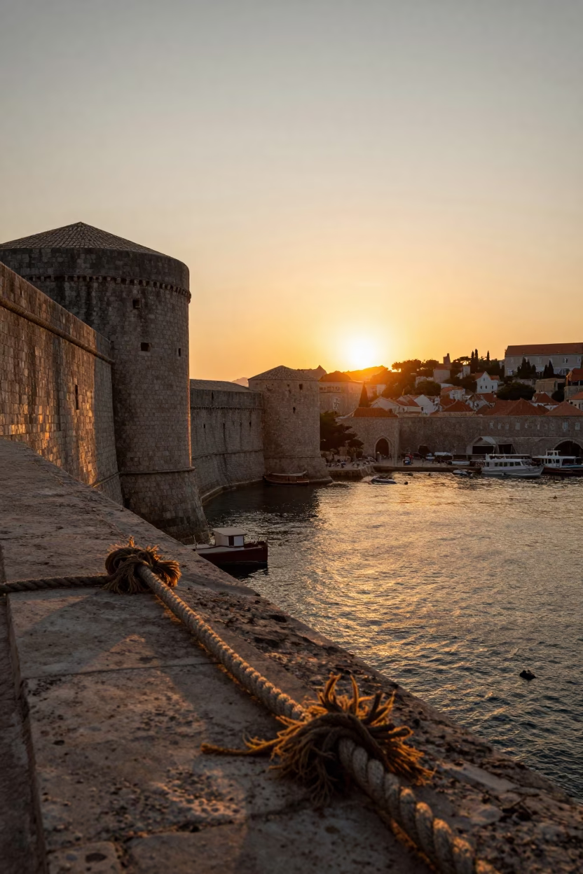 Dubrovnik Croatia Old Town Harbor Sunset View with Frayed Rope and Local Fishing Activity in in Dubrovnik, Croatia