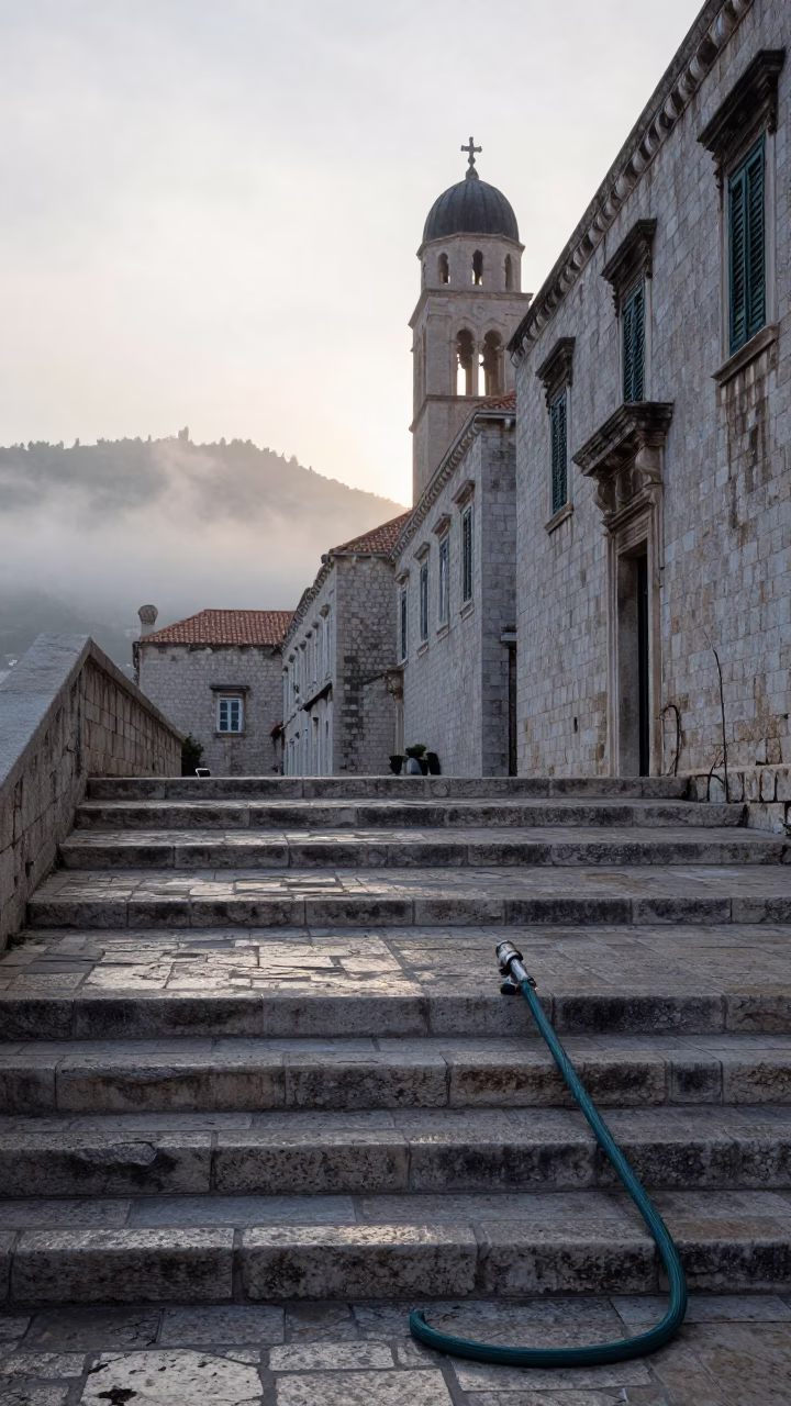 Dubrovnik Croatia Old Town Stone Steps Before Sunrise with Hose Nozzle and Morning Mist in in Dubrovnik, Croatia