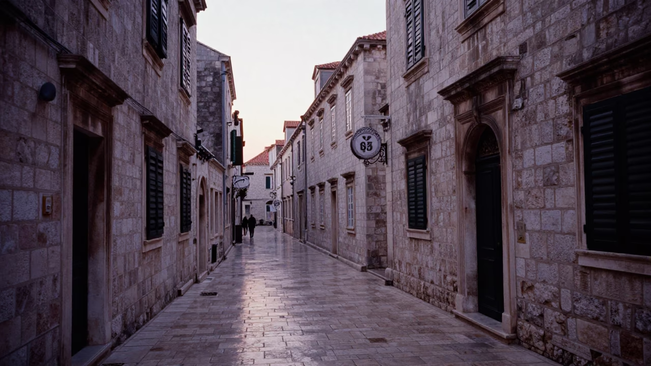 Dubrovnik Croatia Old Town Stone Walkway Before Sunrise in in Dubrovnik, Croatia
