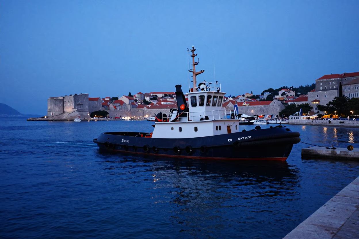 Dubrovnik Croatia Pre-Dawn Harbor Scene with Tugboat and City Walls in in Dubrovnik, Croatia