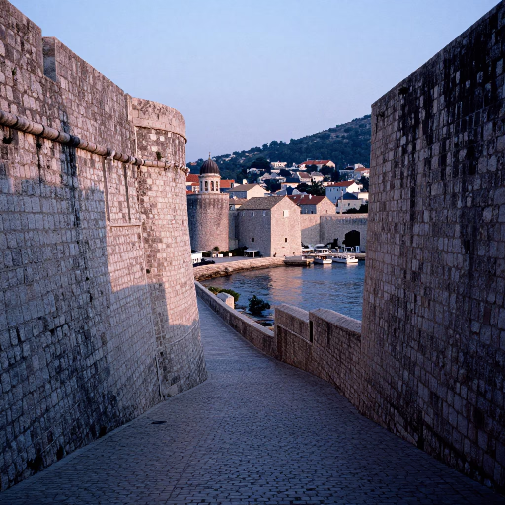 Dubrovnik Croatia pre-dawn light on historic stone walls and harbor water in in Dubrovnik, Croatia