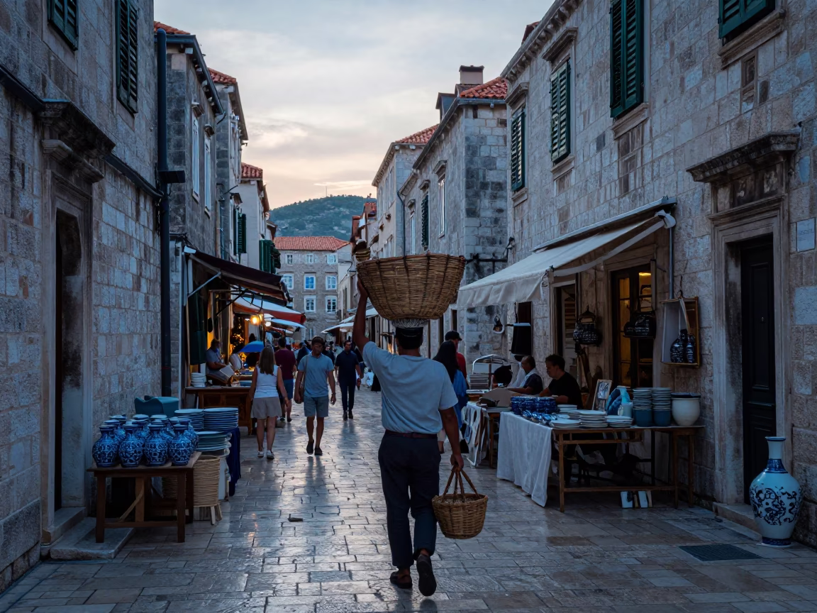 Dubrovnik Croatia Pre-Dawn Street Scene with Market Porter and Ceramic Cup in in Dubrovnik, Croatia