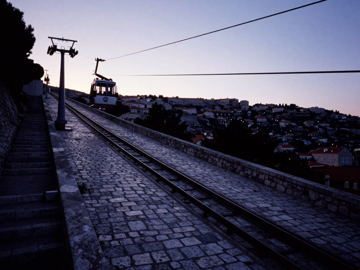 Dubrovnik Croatia Sunrise Funicular Railway Climb Before Dawn Light in in Dubrovnik, Croatia