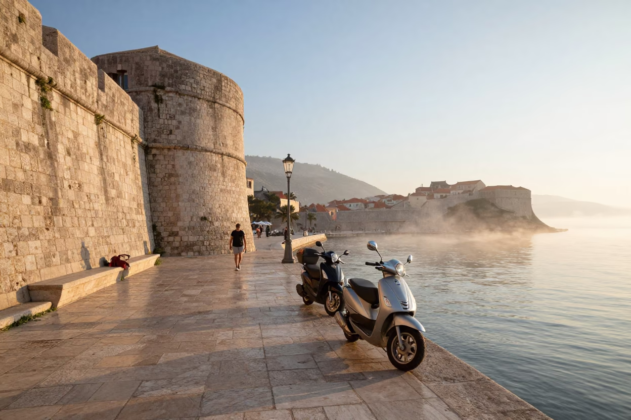 Dubrovnik Croatia Sunrise Harbor Promenade with Scooter and Morning Fog in in Dubrovnik, Croatia