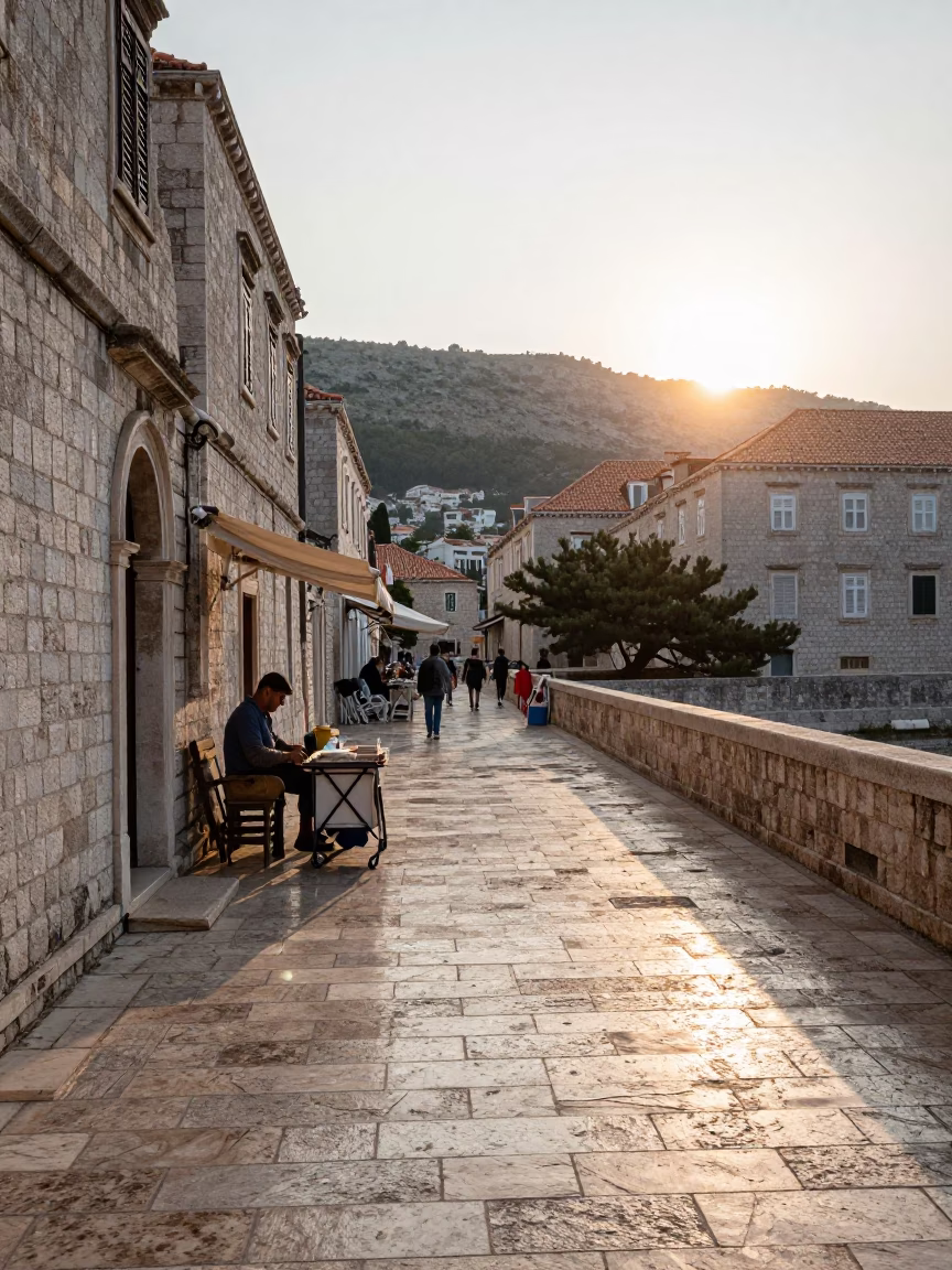 Dubrovnik Croatia Sunrise Street Scene with Stone Walls and Local Life in in Dubrovnik, Croatia