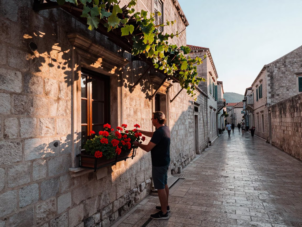Dubrovnik Croatia Sunrise Street Scene with Window Box and Grapevine in in Dubrovnik, Croatia