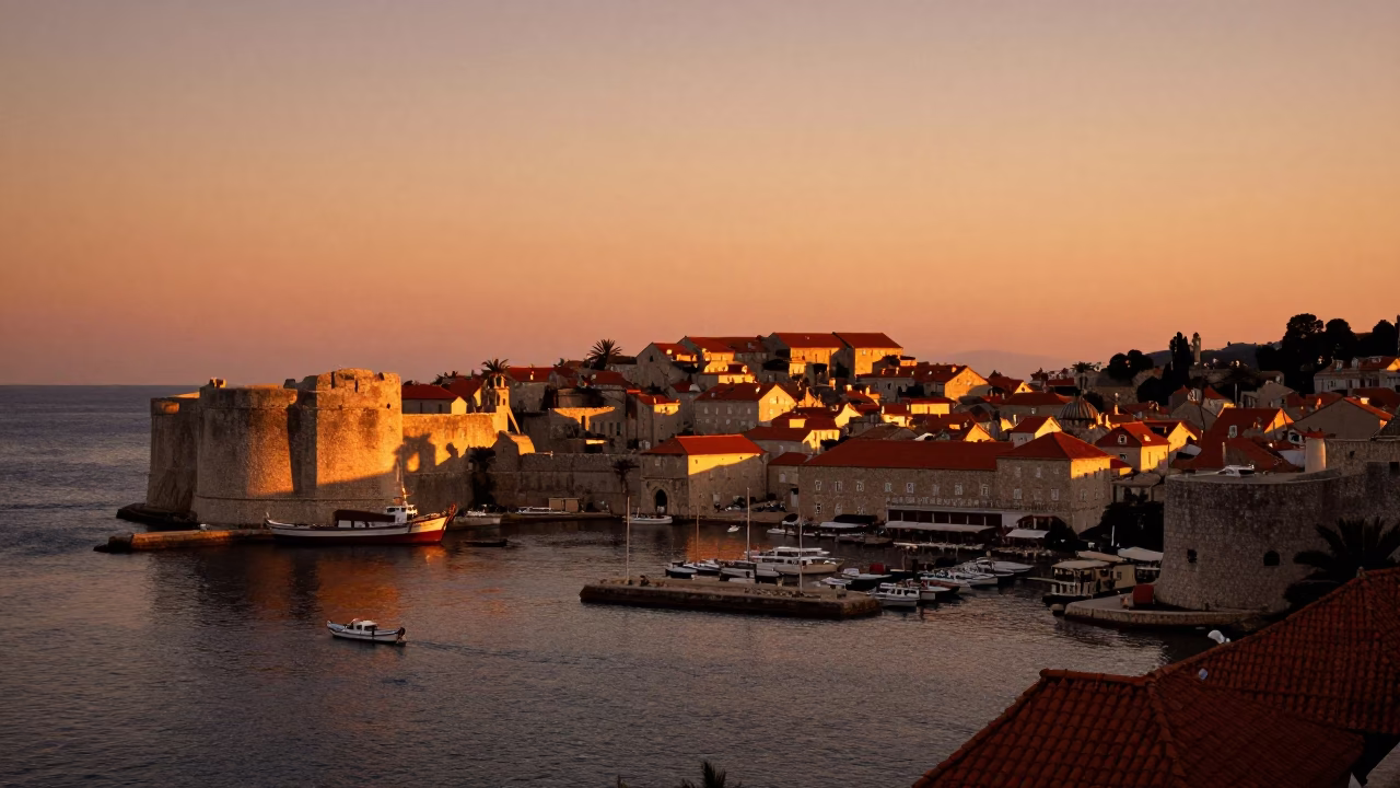 Dubrovnik Croatia Sunset Harbor Scene with Junk Boat and Vintage Car Rally Atmosphere in in Dubrovnik, Croatia