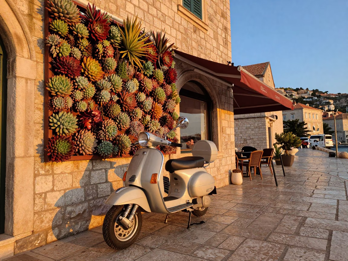 Dubrovnik Croatia Sunset Harbor Scooter and Succulent Cafe Wall Evening Light in in Dubrovnik, Croatia