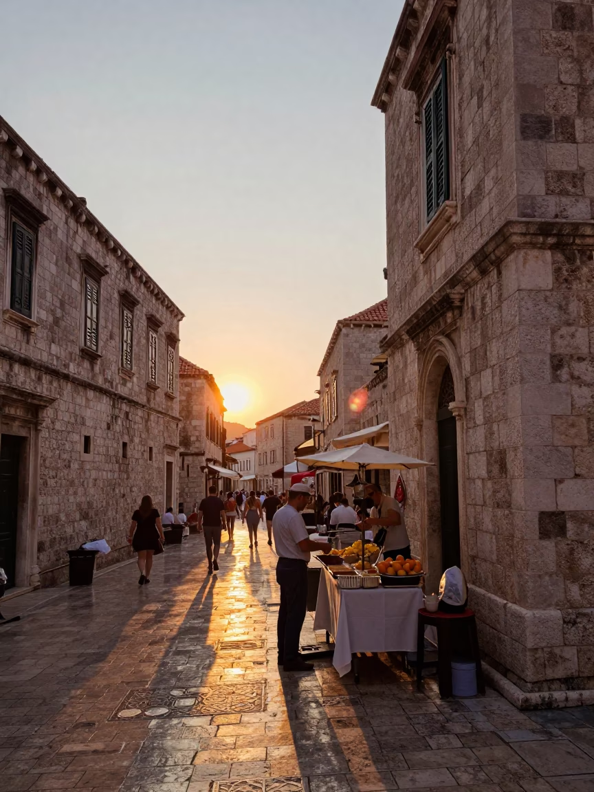Dubrovnik Croatia Sunset Street Scene with Local Food and Traditional Elements in in Dubrovnik, Croatia